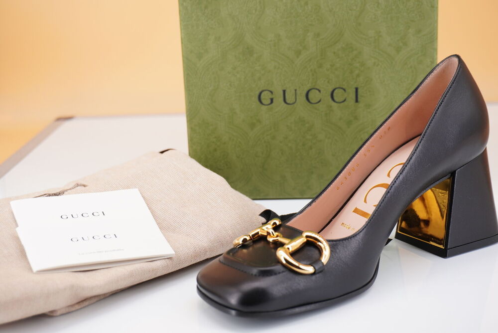 Gucci Black Leather Baby Block Heel Horsebit Pump SZ 35.5 NIB $920 Square Toe